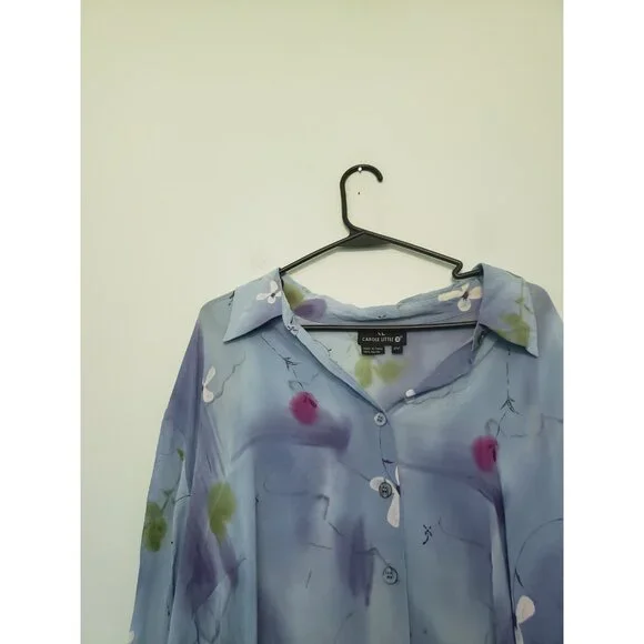 Carole Little Womens Plus 22 Shirt Blue Floral Button Front Sheer Rayon Spring - Picture 4 of 5